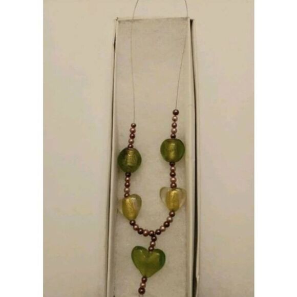 Handmade 18" Necklace GREEN/YELLOW GLASS Round & heart shapes - Picture 2 of 2